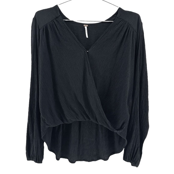 FREE PEOPLE High Low, V-neck, Faux Wrap, Long Sleeve Blouse -‎ Small - black - Picture 1 of 7